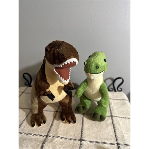 Wild‎ Republic Dinosaur Plush T-Rex Brown/Beige & T-Rex Green Lot 2 - Picture 1 of 16